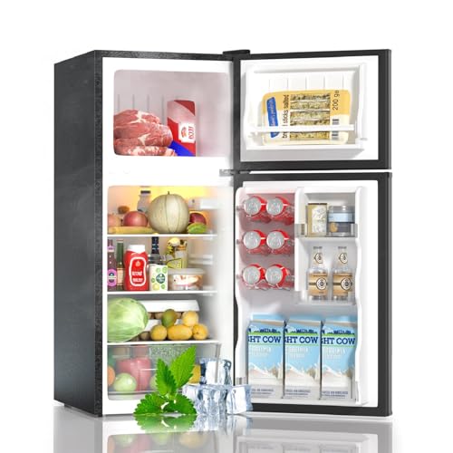 BANGSON Small Fridge with Freezer, 4.0 Cu.Ft, Samll Refrigerator with Freezer, 5 Settings Temperature Adjustable, 2 Doors, Compact Fridge for Apartment Bedroom Dorm and Office, Black