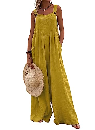 Dokotoo Loose Jumpsuits for Women Overalls Oversized Solid Color Adjustable Straps Wide Leg One Piece jumpsuit Long Pant Romper with Pockets Yellow Large