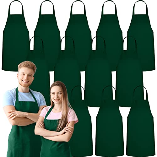 12 Pack Bib Apron - Unisex Green Aprons, Machine Washable Aprons for Men and Women, Kitchen Cooking BBQ Aprons Bulk (Pack of 12, No Pockets, Green)