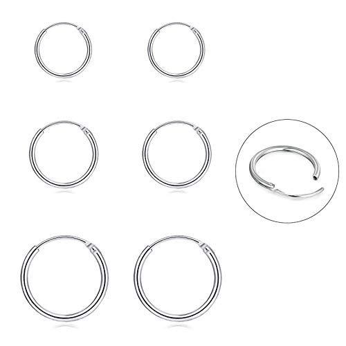 Silver Hoop Earrings- Cartilage Endless Small Hoop Earrings Set for Women Men Girls, 3 Pairs of Hypoallergenic 925 Sterling Silver Tragus Earrings Nose Lip Rings (3 Pairs(8/10/12mm))