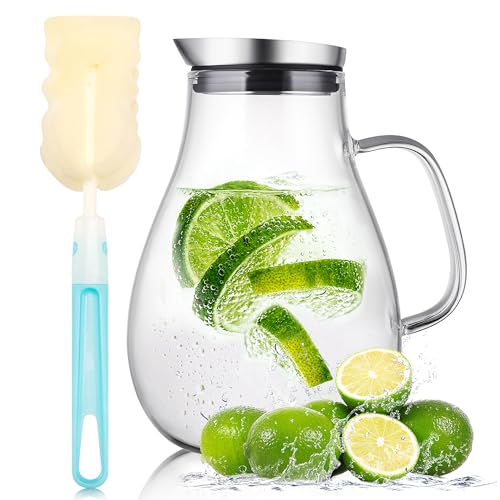 SUSTEAS 2 Liter Glass Pitcher, Water Pitcher with Removable Lid And Wide Handle, Easy Clean Juice Jug for Fridge, Beverage Carafe for Cold/Hot Water, Iced Tea, 1 Free Long-Handled Brush Included