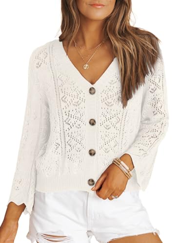 Dokotoo Spring Sweaters for Women 2024 V Neck Button Down Shirts Crochet Cardigan Sweater Knit Tops Long Sleeve Summer Cover Up White Shrugs L