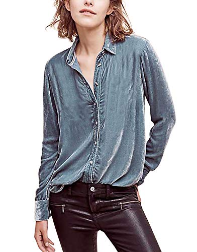 R.Vivimos Womens Winter Velvet Long Sleeve Button Down Casual Tops Shirts (XL, LightBlue)