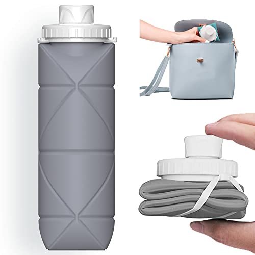 SPECIAL MADE Collapsible Water Bottles Leakproof Valve Reusable BPA Free Silicone Foldable Water Bottle for Sport Gym Camping Hiking Travel Sports Lightweight Durable 20oz 600ml Grey