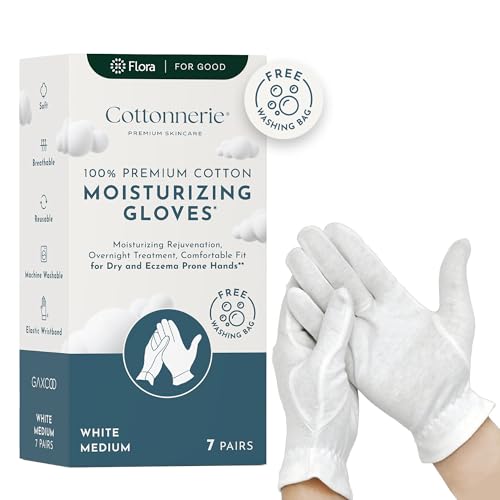 Gaxcoo Cottonnerie Medium 7 Pairs 100% Premium Cotton Moisturizing Gloves for Dry Hands & Eczema | Overnight Lotion & Spa Treatment for Women & Men | Reusable, Free Washing Bag - Packaging May Vary