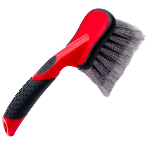 Mothers Car Wash Brush, Wheel and Fender Brush, Short Handle Tire Cleaner for Car Detailing, 10 Inch, Red/Black