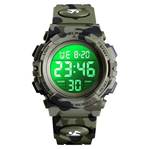 Boys Watch Digital Sports Waterproof Outdoor Kids Watches Alarm Clock 12/24 H Stopwatch Calendar 3-15 Year Old Boys Girls Wristwatch - Camo Green