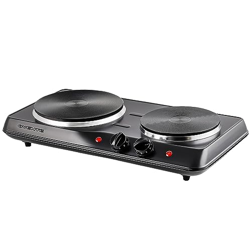 OVENTE Electric Countertop Double Burner, 1700W Cooktop with 7.25' and 6.10' Cast Iron Hot Plates, Temperature Control, Portable Cooking Stove and Easy to Clean Stainless Steel Base, Black BGS102B