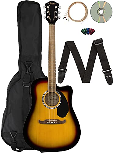 Fender FA-125CE Dreadnought Cutaway Acoustic-Electric Guitar - Sunburst Bundle with Gig Bag, Strap, Strings, Picks, Fender Play Online Lessons, and Austin Bazaar Instructional DVD