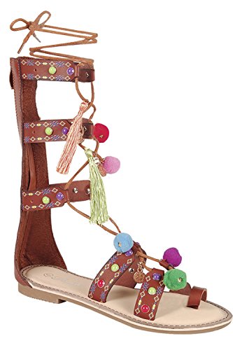 FOREVER LINK FAUX LEATHER ONE TOE POM POM ACCENT BACK ZIPPER WRAP AROUND LACE KNEE HIGH SANDAL 65 tan