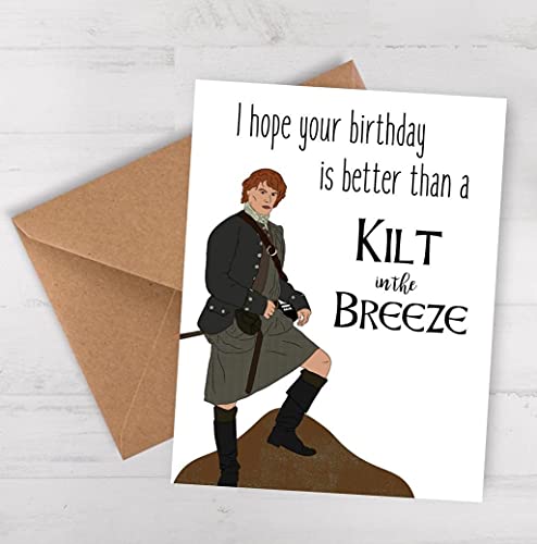 BALOR Outlander Birthday Card | Sassenach For Her Him Gift Jamie Fraser Scotch on the Rocks Funny 4.25 x 5.5 Folded Cardstock Greeting (Kilt in Breeze)