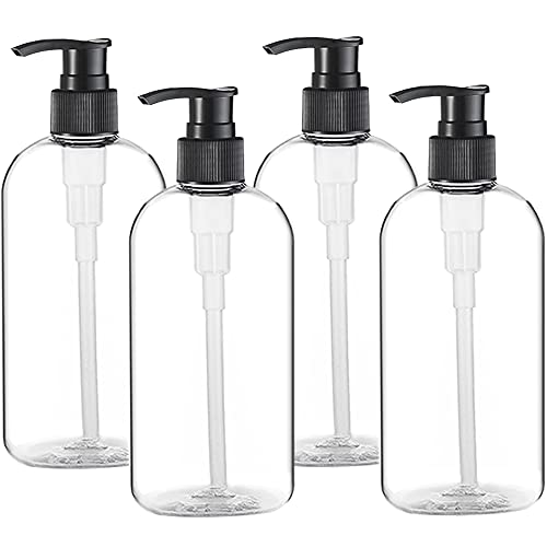 Empty Plastic Pump Bottles Dispenser 4 Pack 16oz/500ml Portable Clear BPA-Free Cylinder Shampoo Lotion Hand Pump Bottle Durable Refillable Containers for Massage Oil, Liquid Soap