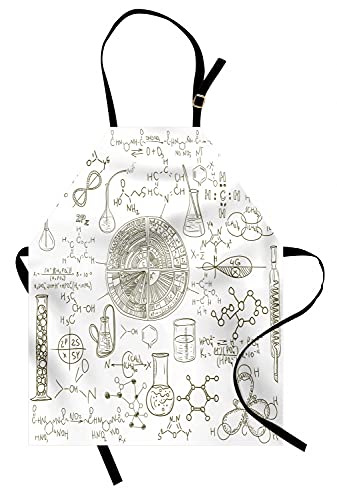 Lunarable Science Apron, Science Theme Hand Drawn Style Chemistry Laboratory Illustration, Unisex Kitchen Bib with Adjustable Neck for Cooking Gardening, Adult Size, White Umber