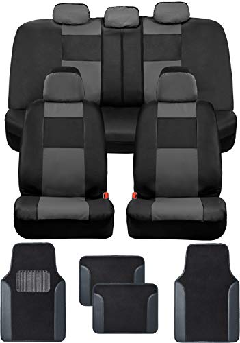 BDK Croc Skin Faux Leather Car Seat Covers Full Set with Carpet Car Floor Mats - Front and Rear Bench Seat Covers with Carpet Floor Liners, Car Interior Covers Gift Set (Gray)
