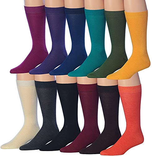 JAMES FIALLO Men's 12 Pairs Colorful Classic Solid Bold Dress Socks, Fits shoe 6-12 (sock size 10-13), MC13-T1