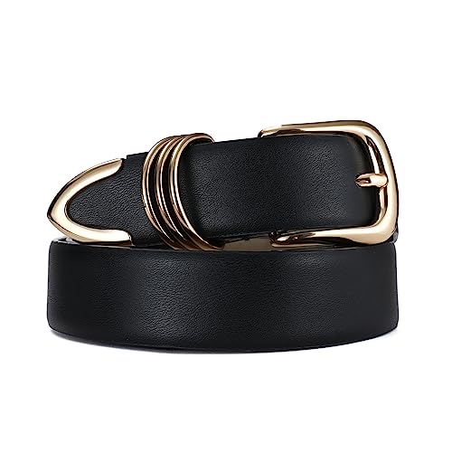 RISANTRY Women's Leather Belts for Jeans Dresses, Black Leather Waist Belt Fashion Ladies Belts with Gold Buckle M