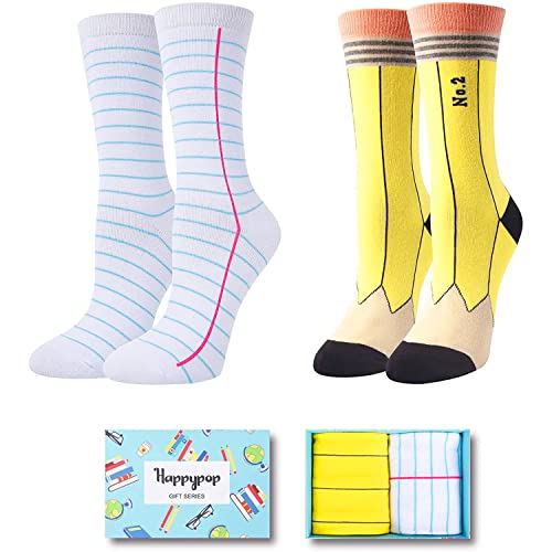 HAPPYPOP Funny Crazy Silly Gifts for Women Teen Girls, Crazy Silly Pencil socks Notebook Socks Reading Gifts Book gifts