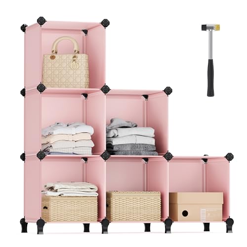 SONGMICS 6 Cube Storage Organizer, DIY Closet Shelf, Plastic Clothes Organizer, Modular Bookcase, 11.8 x 11.8 x 11.8 Inch Cubes, with Feet and Rubber Mallet, Pink ULPC111P01