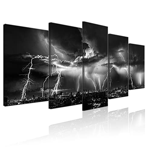 Biuteawal - Black and White Wall Art Nature Lightning Strikes in The Clouds Painting on Canvas Storm and City Night View Picture Print for Home Office Living Room Decoration Wall Decor