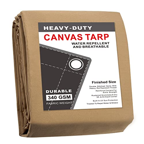 CARTMAN Finished Size 5x7 Feet Tan Canvas Tarp with Rustproof Grommets, 12 Oz Heavy Duty Multipurpose Tarpaulin Cover for Canopy Tent, Roof, Camping, Woodpile