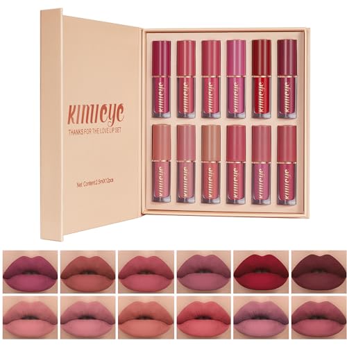 KIMIEYE 12 Colors Matte Liquid Lipstick Kit, Long Lasting Lip Tint, Waterproof Lip Stain, Non-Stick Cup Quick-dry Velvet Nude to Red Lipstick Makeup Set, Up to 24H Wear (SET B)