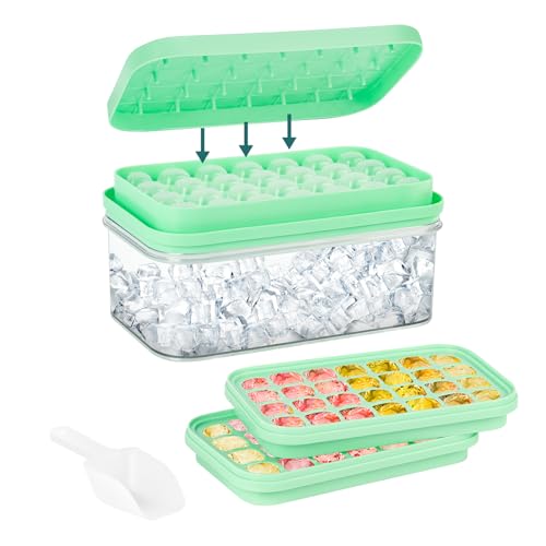 Bomilado Ice Cube Tray with Lid and Bin, 2 Pack 56pcs Ice Cubes Maker with Scoop and Container, Small Ice Cube Molds Stackable Easy-Release for Freezer, Cocktail, Coffee, Baby Food