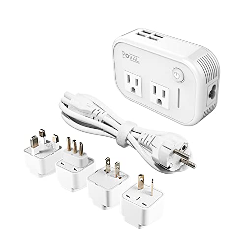 FOVAL Power Step Down 220V to 110V Travel Voltage Converter International Power Adapter for Hair Straightener/Curling Iron with 4-Port USB Charging US/UK/AU/IT/EU Universal Plug Adapter White
