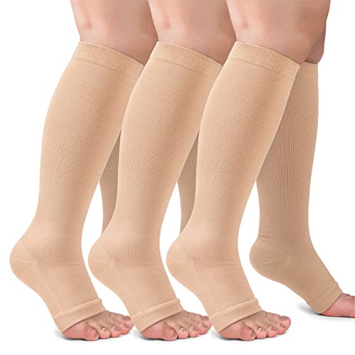 CTHH 3 Pack Open Toe Compression Socks for Women & Men, Toeless Knee High Stockings for Circulation Support, Nude Large-X-Large