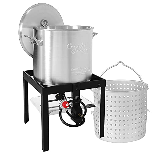 Creole Feast SBK0801 Seafood Boiling Kit with Strainer, Outdoor Aluminum Propane Gas Boiler with 10 PSI Regulator, Silver,Black / Sliver