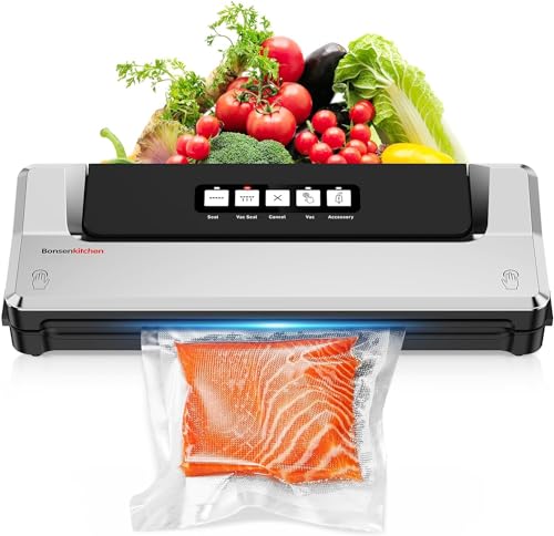 Bonsenkitchen Vacuum Sealing Machine with Kit Bags & 1 Air Suction Hose, Precision and Compact Vacuum Sealer For Food Preservation with 5-in-1 Easy Presets