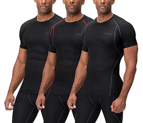 DEVOPS 3 Pack Men's Cool Dry Short Sleeve Compression Shirts, Sports Baselayer T-Shirts Tops, Athletic Workout Shirt (X-Large, Black/Black/Black)