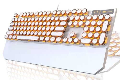 Typewriter Style Mechanical Keyboard, Retro Punk Gaming Keyboard with Gold LED Backlit, Cute Wired Keyboard,104 Keys Full Size Keyboard, Uique Round Keycaps for Windows/Mac/PC(White&Gold)