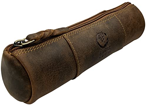Rustic Town Leather Pencil Case - Full Grain Leather Zippered Pen Pouch - Stationery Bag Pen Holder for Work & Office, Brown, M, Pc200505flr-tan