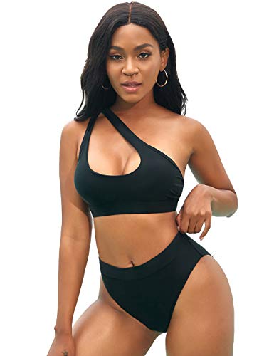 NAFLEAP Women's One Shoulder Sport Bikini Set High Waisted Cutout Swimsuit Crop Top Bathing Suit (Black, X-Large)