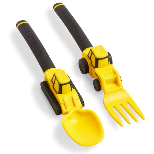 Dinneractive Utensil Set for Kids – Construction Themed Toddler Forks and Spoons, Toddler Utensils – 2-Piece Set – Yellow Construction Utensils For Toddlers - Loader & Tractor Toddler Spoons and Forks