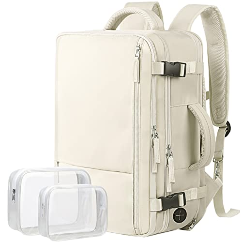 Hanples Extra Large Travel Backpack for Women as Person Item Flight Approved, 40L Carry On Backpack, 17 Inch Laptop Waterproof Hiking Casual Bag Backpack(Beige)