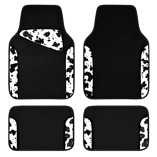 CAR PASS Waterproof Universal Fit Car Floor Mats, Cow Print Car Mats Fit for SUV,Vans,sedans, Trucks,Set of 4pcs Car Carpet with Driver Heel Pad and Nibs Backing,or Cute Women Girly Funny Black White