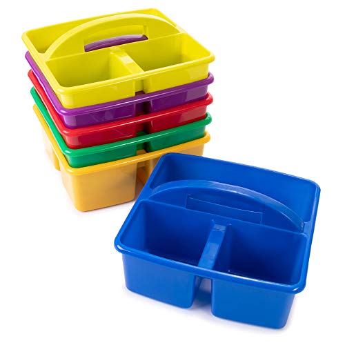 6 Multicolored Storage Caddies - Bulk Stackable Plastic Bins with 3 Compartments & Carrying Handle for Kids - Office Desk Organization for Preschool, Kindergarten, Cleaning Supplies, Arts & Crafts