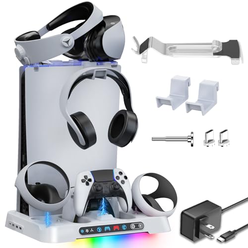 PS5/ Edge & PSVR 2 Controller Charging Station with AC Adapter and 3-Level Cooling Fan, RGB PS5 Cooling Station with PS5 & PS VR2 Controller Charger, PS5 Stand for PS5 Accessories Storage