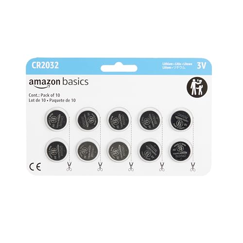 Amazon Basics 10-Pack CR2032 Lithium Coin Cell Battery, 3 Volt, Long Lasting Power, Mercury-Free