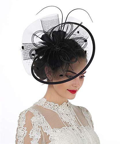 Lucky Leaf Women Girl Fascinators with Hair Clip Hairpin Hat Bowknot Feather Flower Veil Cocktail Wedding Tea Party Hat (8-Black)