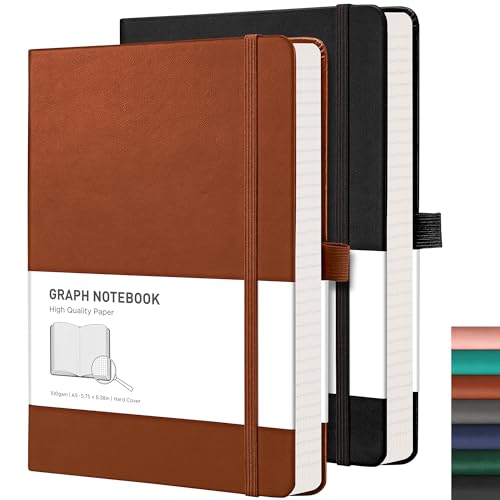 RETTACY Graph Paper Notebook 2 Pack - Graph Grid Paper Notebook with 192 Pages per Pack, Notebooks for Work, School, 100 GSM Premium Acid-Free Paper, Leather Hardcover, 5.7'' × 8.3'' (Black & Brown)