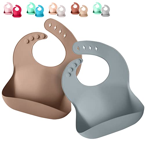 Silicone Baby Bibs - Soft Silicone Bib with Food Catcher and Waterproof Material - Adjustable Fit for Baby and Toddler (Mauvelous & Slate Gray)