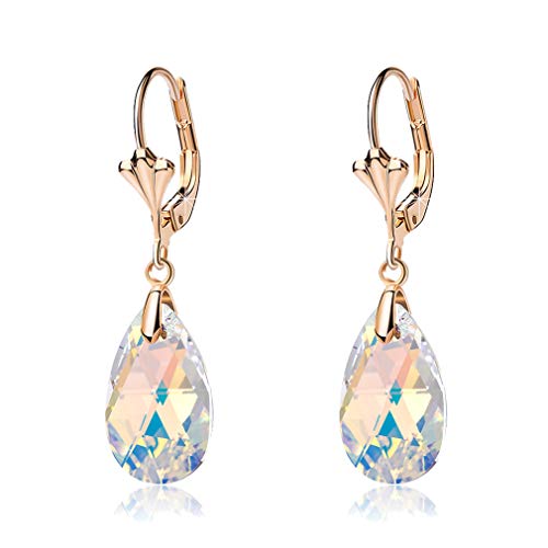 Austrian Crystal Teardrop Leverback Dangle Earrings for Women Fashion 14K Gold Plated Hypoallergenic Jewelry (Aurora Borealis)