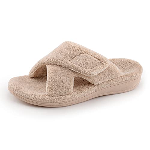 BCSTUDIO Women's Orthotic Arch Support Slippers II+ Sturdy Rubber Sole, Cozy Fuzzy House Ladies Slipper （ Beige +New Sole 8）