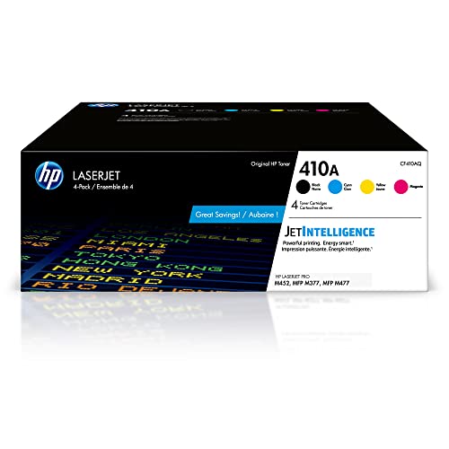 HP 410A Black, Cyan, Magenta, Yellow Toner Cartridges (4-pack) | Works with HP Color LaserJet Pro M452 Series, HP Color LaserJet Pro MFP M377, M477 Series | CF410AQ