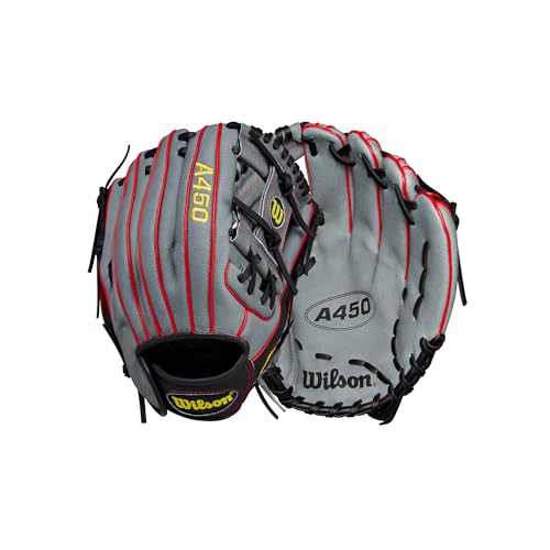 Wilson 2024 A450 11.5” Youth Infield Baseball Glove - Right Hand Throw, Grey/Black/Yellow