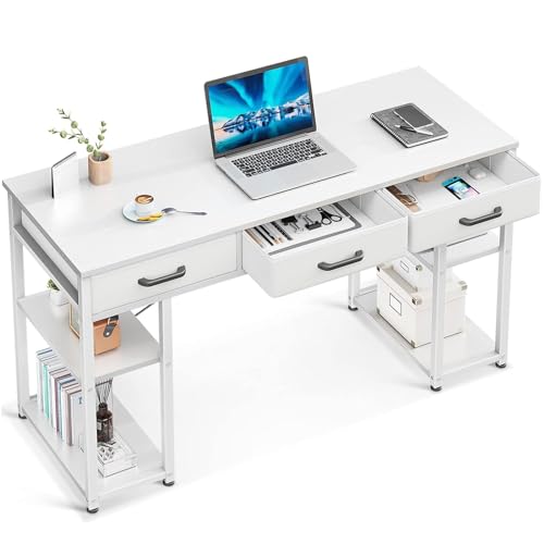 ODK Office Small Computer Desk: Home Table with Fabric Drawers & Storage Shelves, Modern Writing Desk, White, 48'x16'
