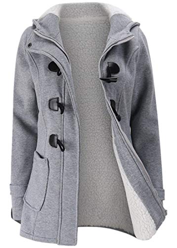 JiangWu Womens Fashion Horn Button Fleece Thicken Coat with Hood Winter Warm Jacket (Medium, Light-gray)
