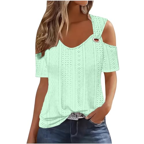 lightning deals of today Womens Summer Tops Dressy Casual Sexy Clod Shoulder V Neck Tshirts Trendy Hollow Out Eyelet Womens Blouses Y2k Going Out Tunic Tops Comfy Solid Plus Size Blouses Tees